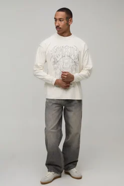 T-shirt Manches Longues Oversize Graphique Coutures Apparentes Effet Délavé Imprimé
