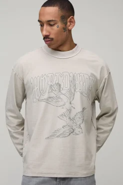 T-shirt Manches Longues Oversize Coupe Carrée Imprimé Colombe Coutures Apparentes