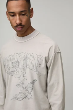 T-shirt Manches Longues Oversize Coupe Carrée Imprimé Colombe Coutures Apparentes