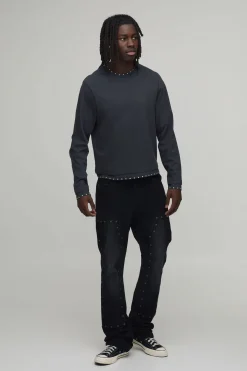 boohooMAN T-Shirt Manches Longues Oversize Lourd Délavé à Clous<Homme T-Shirts