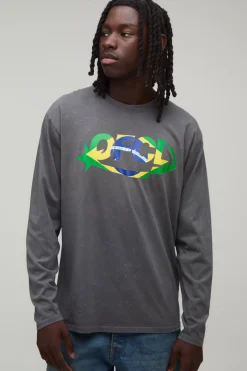 boohooMAN T-shirt Manches Longues Oversize Washed Brazil Ofcl<Homme T-Shirts Impriméstendances|T-Shirts