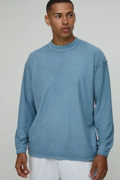 boohooMAN T-shirt Manches Longues Oversize Délavé À Coutures Apparentes<Homme T-Shirts