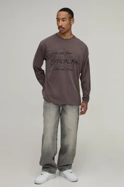 boohooMAN T-shirt À Manches Longues Oversize Délavé Chocolat Imprimé Doodle Officiel<Homme T-Shirts Impriméstendances|T-Shirts