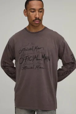boohooMAN T-shirt À Manches Longues Oversize Délavé Chocolat Imprimé Doodle Officiel<Homme T-Shirts Impriméstendances|T-Shirts