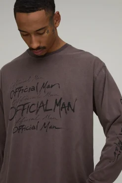 boohooMAN T-shirt À Manches Longues Oversize Délavé Chocolat Imprimé Doodle Officiel<Homme T-Shirts Impriméstendances|T-Shirts