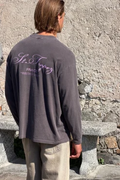 T-shirt À Manches Longues Oversize Délavé Imprimé St Tropez Chocolat
