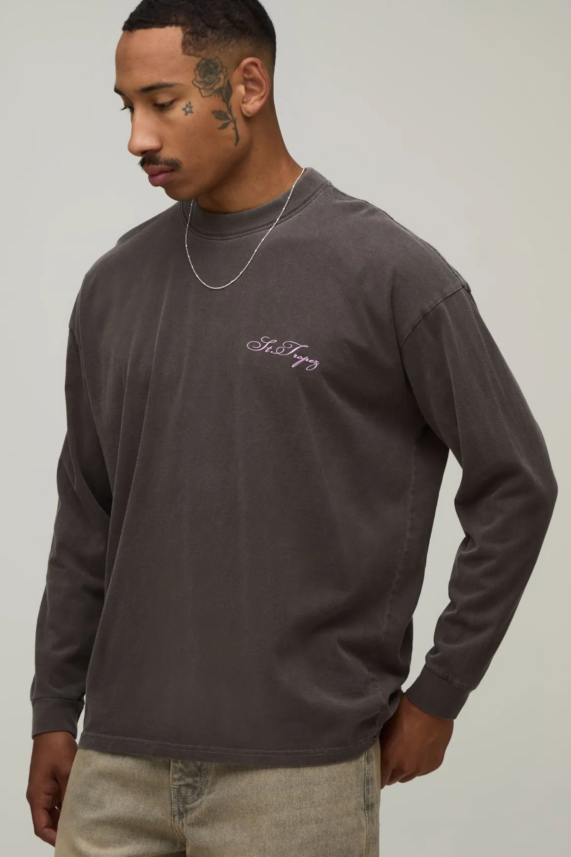 T-shirt À Manches Longues Oversize Délavé Imprimé St Tropez Chocolat