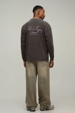 T-shirt À Manches Longues Oversize Délavé Imprimé St Tropez Chocolat