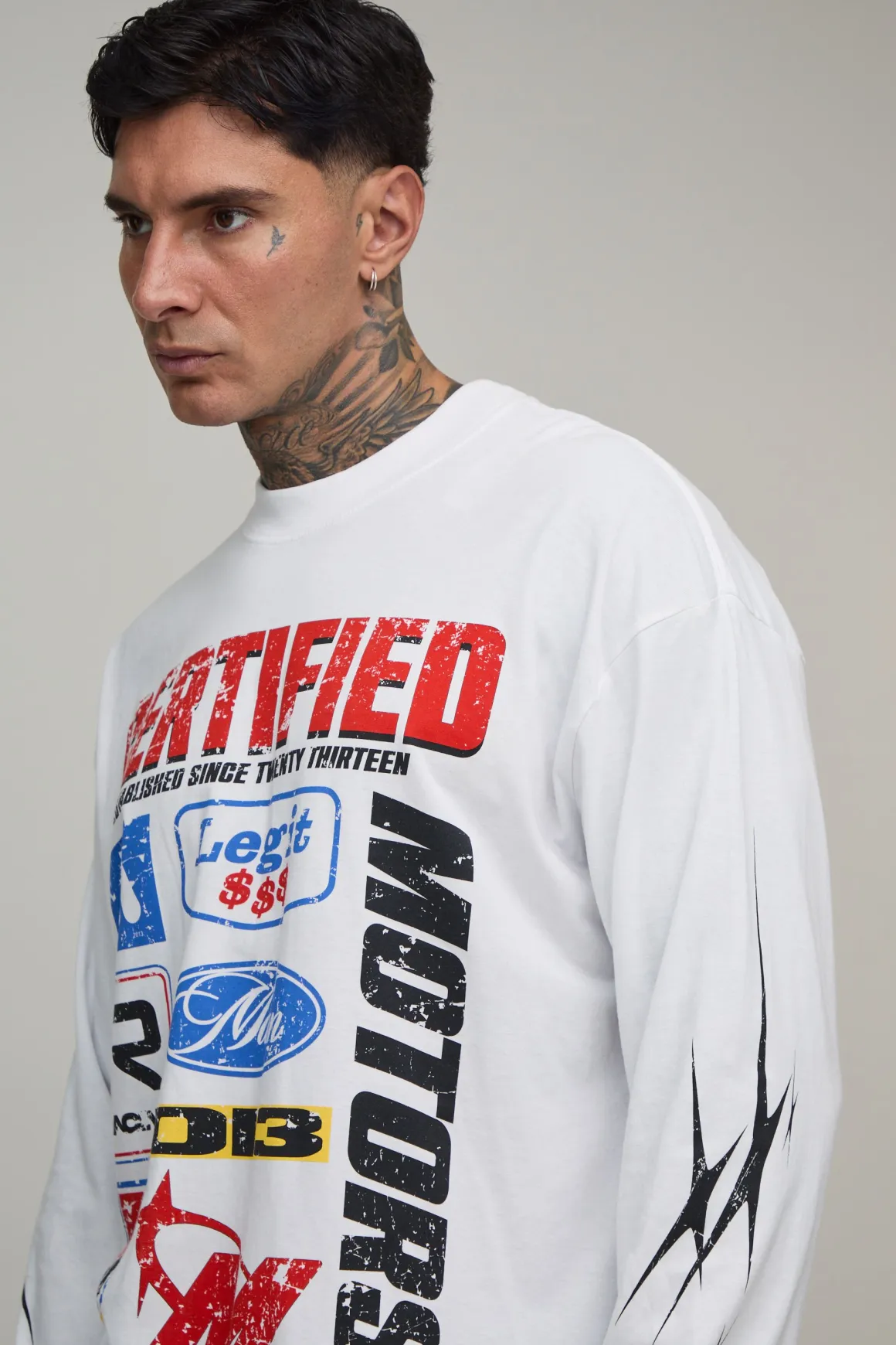 T-shirt Manches Longues Oversize Blanc Imprimé Moto Tall