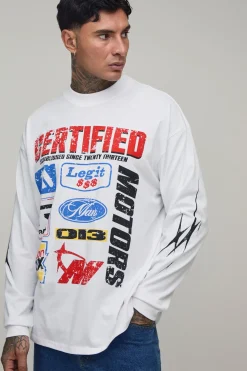 T-shirt Manches Longues Oversize Blanc Imprimé Moto Tall