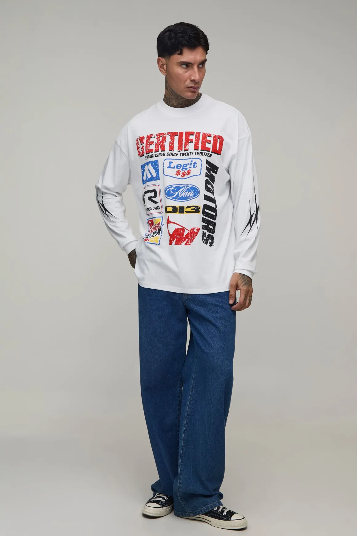 T-shirt Manches Longues Oversize Blanc Imprimé Moto Tall