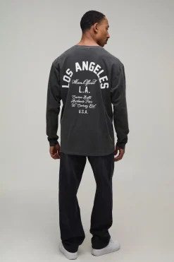 T-shirt À Manches Longues Oversize Imprimé Los Angeles Charbon Délavé
