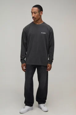 T-shirt À Manches Longues Oversize Imprimé Los Angeles Charbon Délavé