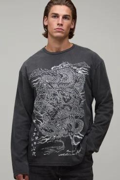boohooMAN T-shirt Manches Longues Oversize Effet Délavé À Imprimé Dragon<Homme T-Shirts Impriméstendances|T-Shirts