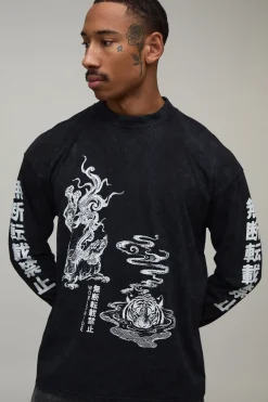 T-shirt Manches Longues Oversize À Imprimé Tigre Effet Délavé