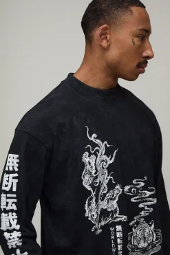 T-shirt Manches Longues Oversize À Imprimé Tigre Effet Délavé