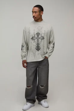 T-shirt À Manches Longues Oversize Avec Imprimé Croix Gothique Effet Délavé Stone