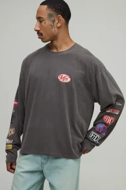 T-shirt À Manches Longues Oversize Effet Délavé Chocolat Avec Imprimés Badges Workwear