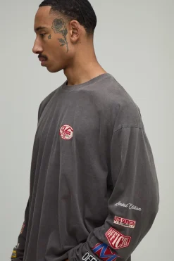 T-shirt À Manches Longues Oversize Effet Délavé Chocolat Avec Imprimés Badges Workwear
