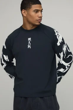 T-Shirt Manches Longues Raglan Graphique Délavé Coupe Ample Oversize