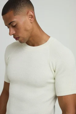 boohooMAN T-shirt Moulant Côtelé En Maille Avec Manches Raglan<Homme T-Shirts|Maille