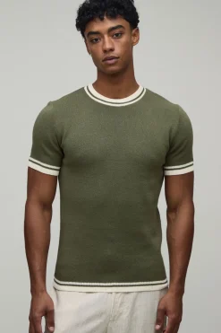 T-shirt Moulant En Maille De Coton Mélangé À Détails Contrastés