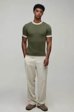 T-shirt Moulant En Maille De Coton Mélangé À Détails Contrastés