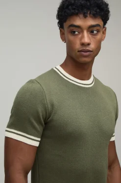 T-shirt Moulant En Maille De Coton Mélangé À Détails Contrastés