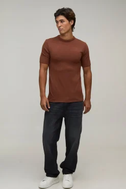 boohooMAN T-shirt Moulant En Maille Douce Effet Seconde Peau<Homme T-Shirts|Maille