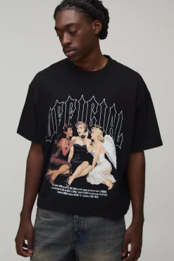 T-shirt Noir Ample Coupe Boxy Imprimé Gothique