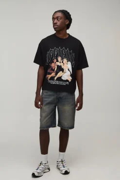 T-shirt Noir Ample Coupe Boxy Imprimé Gothique