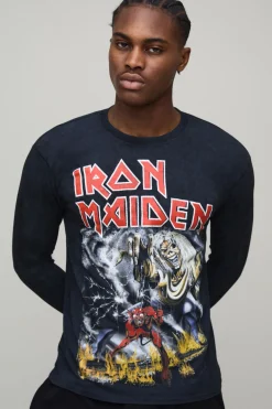 T-shirt noir à coupe régulière, acid wash, imprimé sous licence Iron Maiden, manches longues