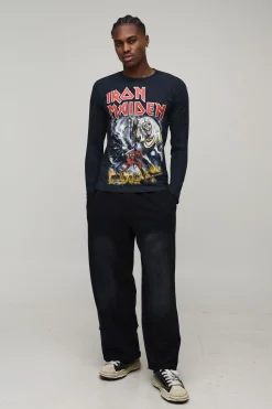 T-shirt noir à coupe régulière, acid wash, imprimé sous licence Iron Maiden, manches longues