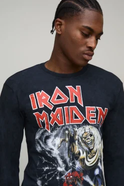 T-shirt noir à coupe régulière, acid wash, imprimé sous licence Iron Maiden, manches longues