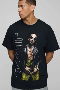 T-shirt noir à coupe régulière imprimé sous licence Lenny Kravitz