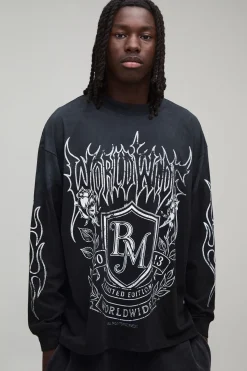 T-shirt Noir Manches Longues Oversize À Imprimé Emblème Gothique Effet Spray Wash