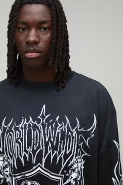 T-shirt Noir Manches Longues Oversize À Imprimé Emblème Gothique Effet Spray Wash