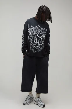 T-shirt Noir Manches Longues Oversize À Imprimé Emblème Gothique Effet Spray Wash