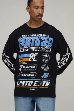T-shirt Noir À Manches Longues Oversize Imprimé Étoiles Moto