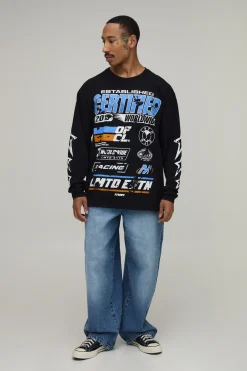 T-shirt Noir À Manches Longues Oversize Imprimé Étoiles Moto
