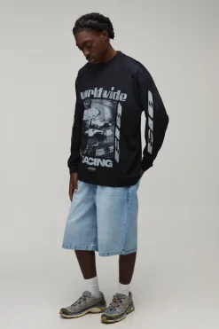 T-shirt Noir À Manches Longues Oversize Avec Imprimé Moto Et Effet Spray Délavé