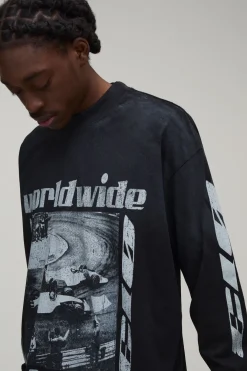 T-shirt Noir À Manches Longues Oversize Avec Imprimé Moto Et Effet Spray Délavé