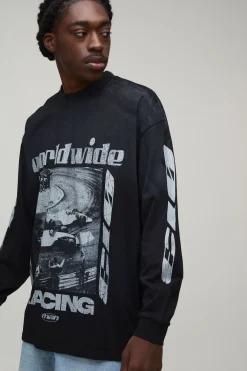 T-shirt Noir À Manches Longues Oversize Avec Imprimé Moto Et Effet Spray Délavé