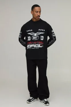T-shirt Noir À Manches Longues Oversize Avec Graphismes Moto Multiples