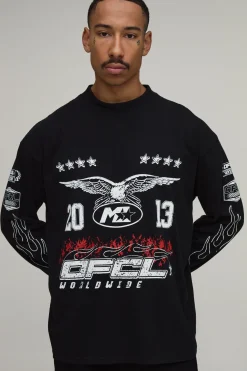 T-shirt Noir À Manches Longues Oversize Avec Graphismes Moto Multiples