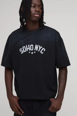 T-shirt Noir Oversize Coupe Boxy Effet Spray Wash Imprimé Soho