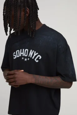 T-shirt Noir Oversize Coupe Boxy Effet Spray Wash Imprimé Soho