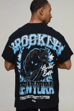 T-shirt Noir Oversize À Imprimé Brooklyn Sur Les Coutures