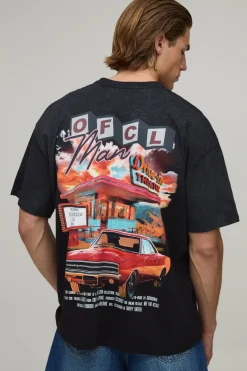 T-shirt Noir Oversize À Imprimé Drive-in Et Effet Spray Délavé