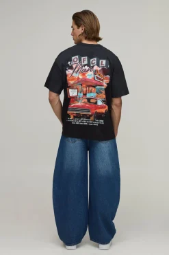 T-shirt Noir Oversize À Imprimé Drive-in Et Effet Spray Délavé